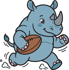 Fototapeta premium Cute cartoon rhino illustration sprinting fast with an American football in hand, fun playful animal mascot vector clipart, ideal for sports apparel, t-shirts, stickers, prints, and children's books.