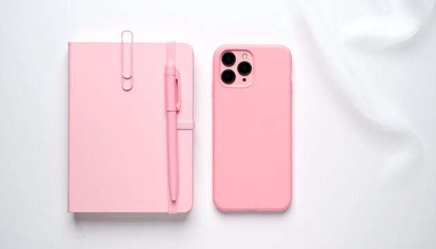 Pink notebook and smartphone, coordinated minimalist everyday design.