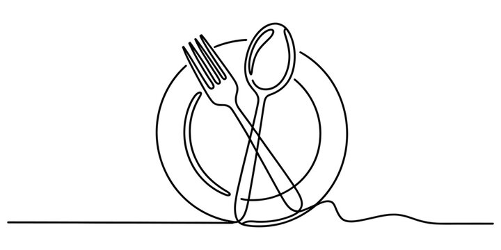 Continuous single line drawing of a plate with a spoon and fork representing a restaurant dining dinner icon for food service and kitchen table setting art Vector, illustration