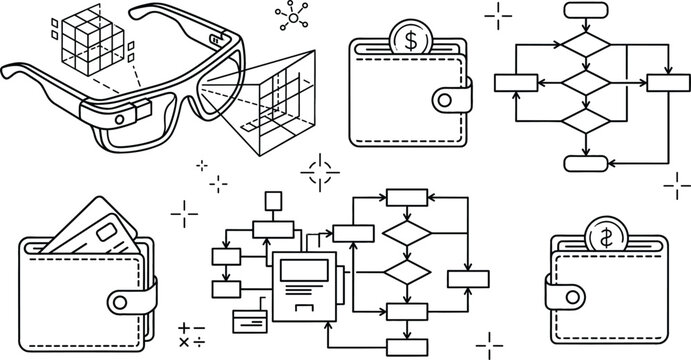 Fintech technology algorithm and augmented reality glasses line art icon set with digital wallet flowchart vector illustration elements