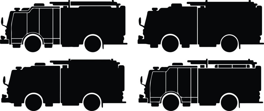 Fire truck silhouette collection, set of 4 emergency vehicle icons, black fire engine vector graphics for rescue and safety design isolated PNG with Transparent Background