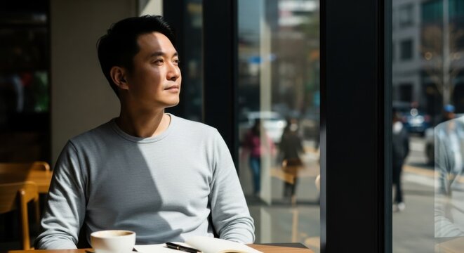 Young Man Sitting in Coffee Shop.