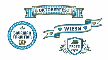 Fototapeta premium Oktoberfest labels feature blue and white check patterns with classic German icons like pretzels and hats to celebrate the annual festival with traditional graphic design elements for invitations.