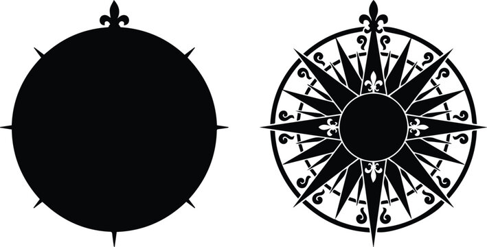 Vintage nautical compass rose vector set, antique wind rose silhouette icons, 2 black heraldic navigation symbols for maps and travel design isolated PNG with Transparent Background