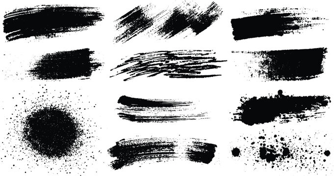 Collection of black ink brush strokes and splatters on white background . Vector grunge brush stokes. Hand drawn spray paint and ink splashes. Grunge artistic black paint stokes