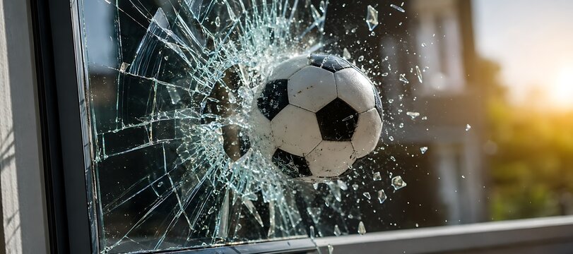 Soccer Ball Shattering Glass: A soccer ball impacts a glass window, causing it to shatter into numerous fragments. The motion and impact are captured with dramatic effect.