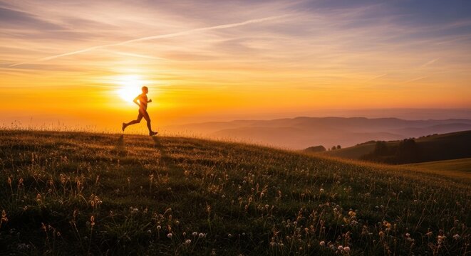 Silhouette of a runner against a vibrant sunset sky in a vast open field.