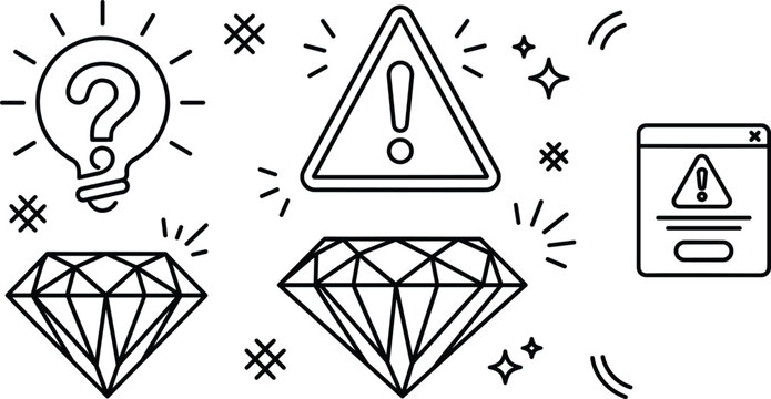 Cybersecurity warning alert system line art icon set with diamond value hazard triangle error window vector illustration elements