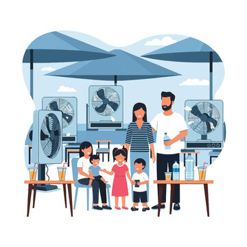 Flat vector illustration of a family staying cool at a public cooling center equipped with large electric fans, shade umbrellas, and bottled water during an extreme summer heatwave.