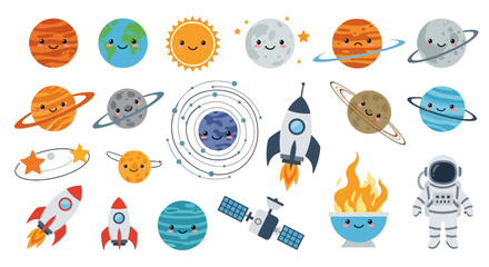 Cute solar system planets and space exploration icons set © nando