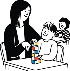 Fototapeta premium Female Teacher Assisting Boy Student with Autism in Special Education