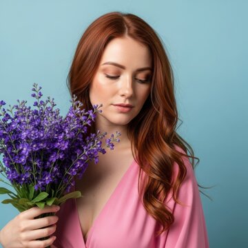 Young woman holding purple flowers against blue background