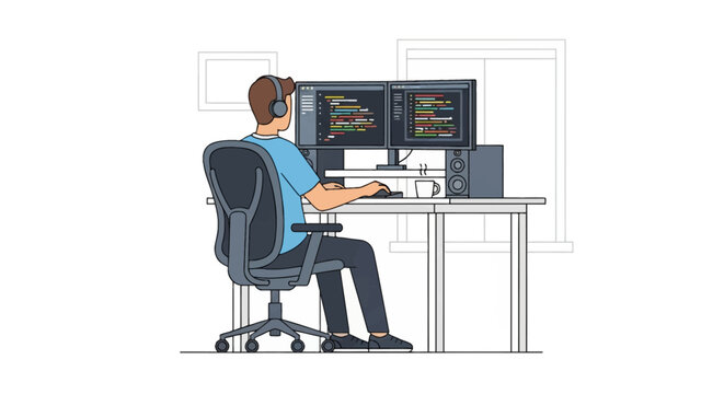 Male programmer sitting in ergonomic chair at white desk coding on two computer monitors with headphones, speakers, and coffee cup; vector line art on white background.