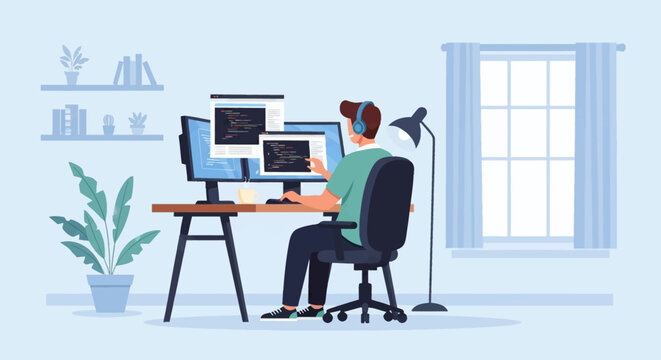 Male software developer at home office desk with multiple monitors coding programs wearing headphones; flat vector illustration of freelance workstation with window and plants.