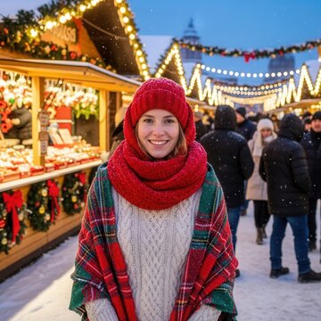 Joyful young woman at a snowy christmas market