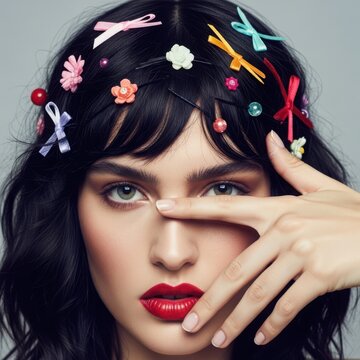 Young woman with decorated hair and red lipstick
