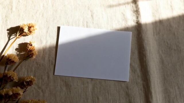 Gentle shift of sunlight and shadow over stationary white paper on linen
