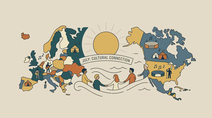 Naklejka premium Global Connection: Diverse People Holding Hands Across Continents Under Sun