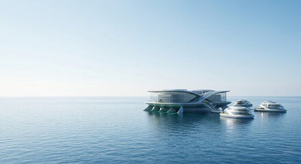 Naklejka premium Futuristic offshore platform and autonomous vessel pods operating on a calm blue ocean for maritime DX and sustainable ocean development