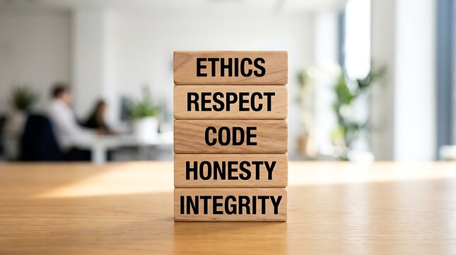 Wooden blocks stacked with words ethics respect code honesty integrity on a desk in a blurred corporate office background, integrity
