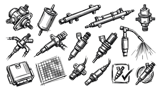 Various hand-drawn black and white automotive fuel system components are illustrated in a sketch style on a clean white background