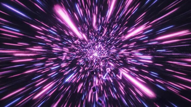 Abstract background featuring pink and blue neon horizontal light streaks with glowing geometric cubes and particles emerging from a central burst on a dark textured backdrop.