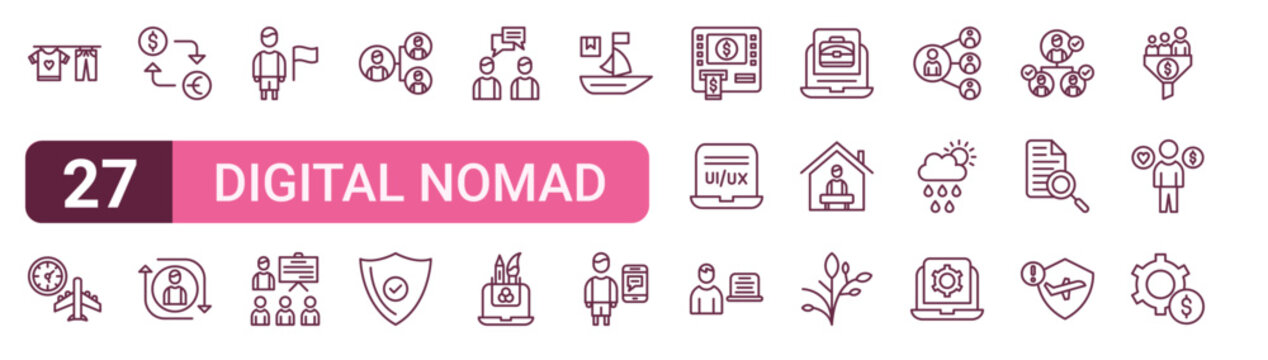 Set of 27 outline Digital Nomad icons for modern UI, landing pages and digital services. Editable stroke collection with laundry, jet lag, currency exchange, safety, ux de and optimization.