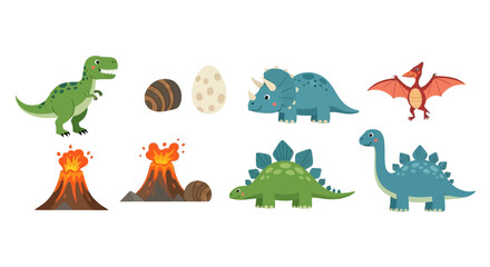 Cute cartoon dinosaur set with volcanoes and prehistoric eggs © haikal