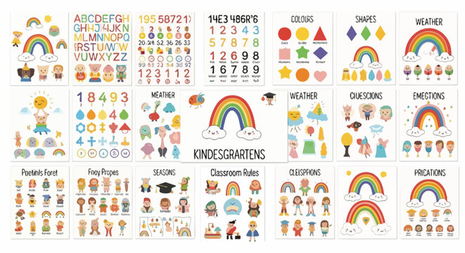 Educational kindergarten learning posters and cards set