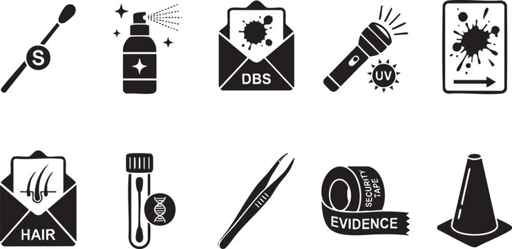 Forensic science icons set, 10 crime scene investigation vector elements, evidence collection and laboratory symbols