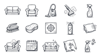 Fototapeta premium Various hand-drawn cleaning and upholstery care icons are arranged in a grid pattern on a clean white background, illustrating different household tasks