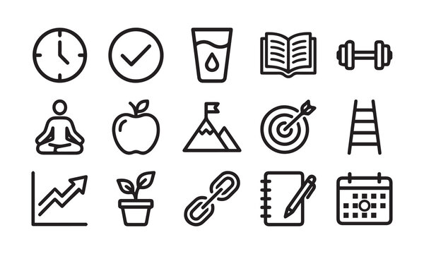 Daily habit tracker icons for personal growth and holistic wellness achievement.
