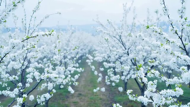 A serene journey through a blossoming cherry orchard, showcasing rows of white-flowered trees under a soft, overcast sky.