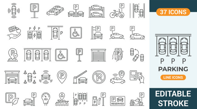 Parking and car garage line icons set. Vector illustration of smart traffic navigation, multi level underground parking lot, reserved vehicle spot, barrier gate toll payment, editable stroke.