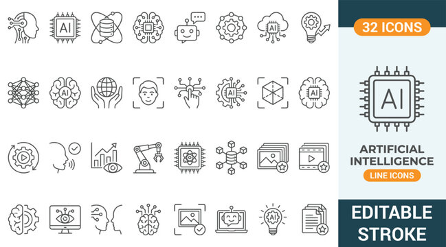 Artificial intelligence and machine learning line icons set. Vector illustration of AI microchip, robotic chatbot, neural network data science, facial recognition tech, future automation, editable st.