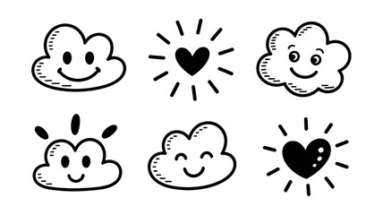 Fototapeta premium Cute cloud, smile, and heart icon collection featuring playful hand-drawn symbols for love, happiness, and weather-themed designs.