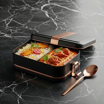 luxury matte black and copper modern Indian tiffin box. The sleek, premium dabba is styled slightly open on a dark marble countertop, revealing a gourmet fusion lunch of saffron kashmiri pulao and ric
