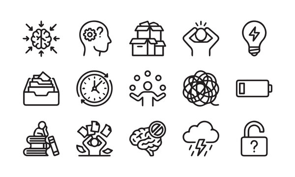Set of stress, burnout, mental overload and confusion related linear icons.