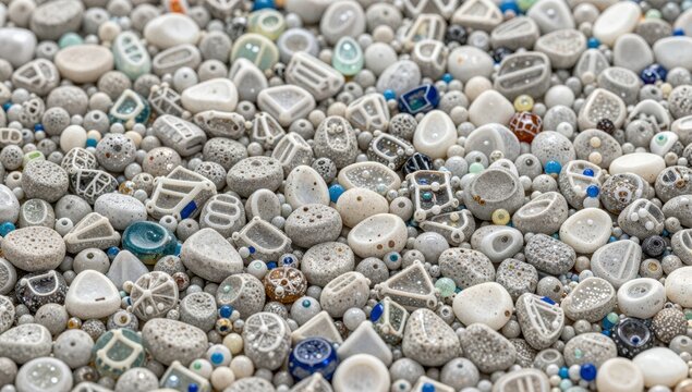 Macro view of assorted ceramic beads and textured stones arranged in a dense artistic composition