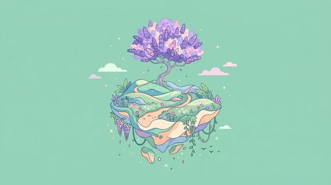 Whimsical Floating Island with Purple Tree and Nature