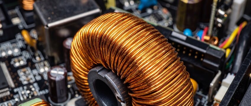 Electronic copper coil inductor on circuit board macro representing modern hardware engineering and power supply parts