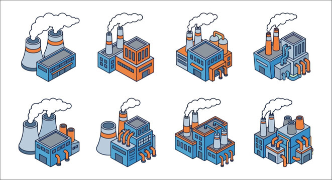 Isometric factory buildings with smokestacks a colorful vector illustration on a white background industrial manufacturing