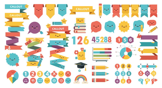 Kawaii style ribbons callouts and infographic elements set