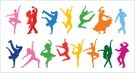 Collection Of Dancer Silhouettes In Various Poses Colorful Vector Illustration On White Background ballerina ballerinas © Vactor media 
