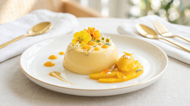 Elegant yellow mango panna cotta dessert decorated with edible spring flowers and edible gold leaf served on white ceramic plate with fresh fruit