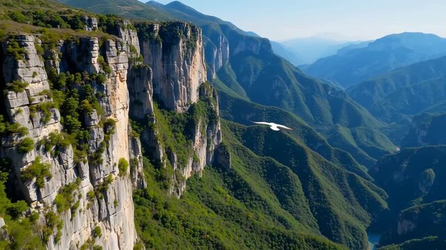 Aerial View of Majestic Canyon Landscape with Paraglider Soaring Over Lush Green Valleys