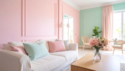 Fototapeta premium Soft Pastel Living Room with White Sofa and Flower Vase in Bright Modern Home