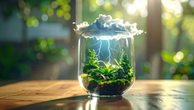 Miniature World Thunderstorm in a Glass Terrarium