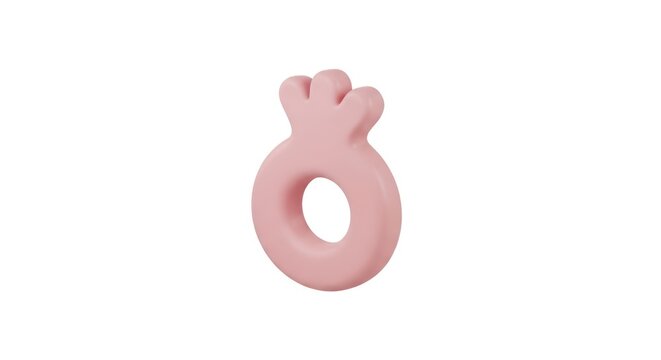 Pink baby teether toy isolated white.