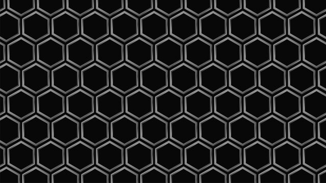 3D stealth gray metallic hexagon pattern background empty chiseled carbon honeycomb mesh grid texture for dark mode interface and automotive design